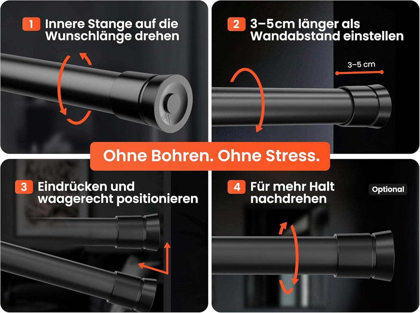 Duschvorhangstange, 50-80cm Schwarz