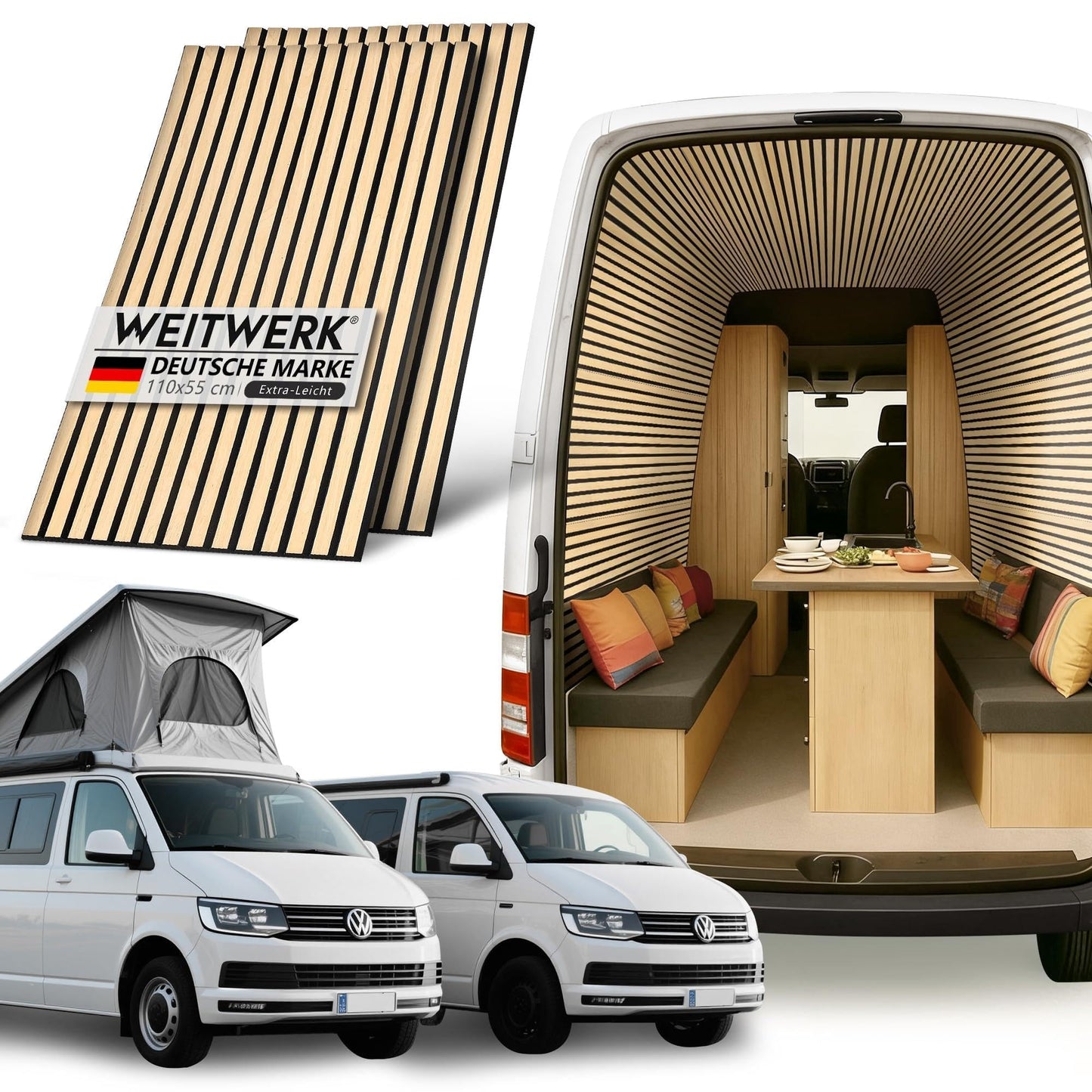 4er-Set Camper Ausbau Paneele, 2,42m², Eiche / Schwarz 4er Set - (2,42m²)