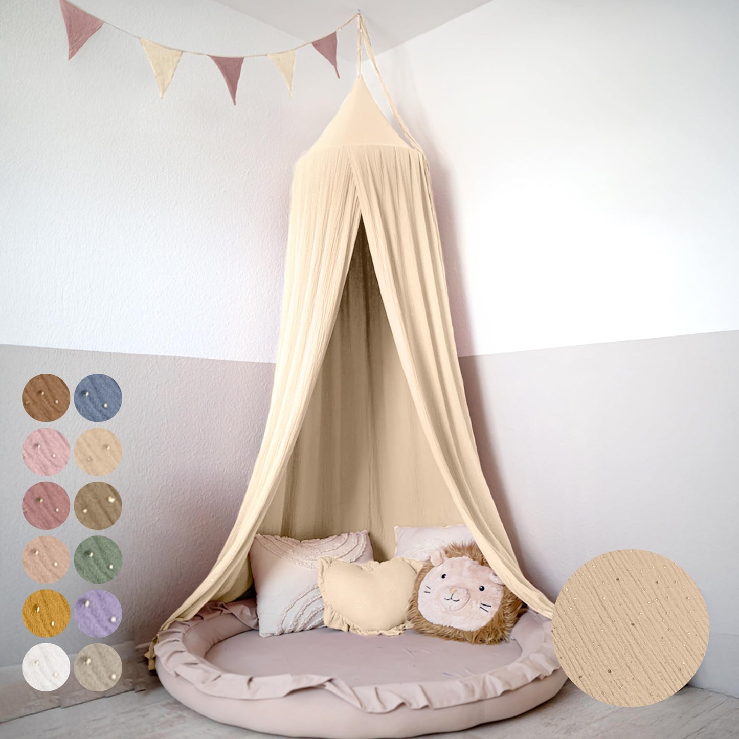 Betthimmel mit Goldapplikation 245x270cm, Creme mit Goldapplikationen