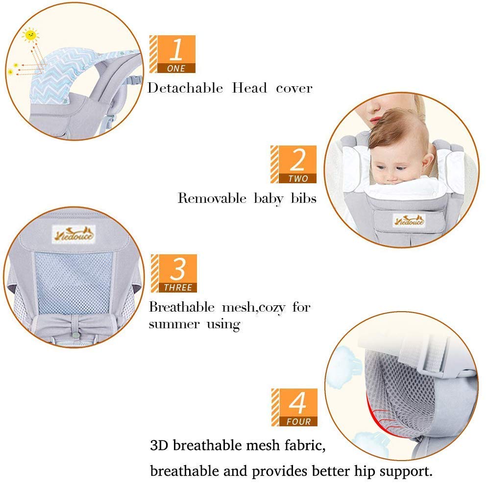 Ergonomische Babytrage mit Hüftsitz, Grau mit Hüftsitz