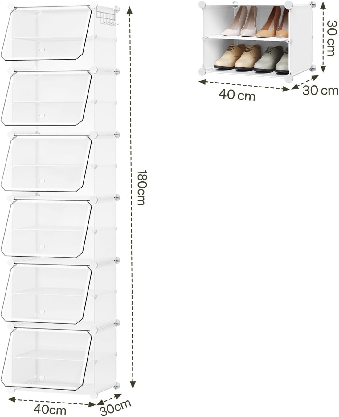 Schuhregal mit 12 Fächern, Weiss+transparent 12 Fächern（40Bx30Tx183H）