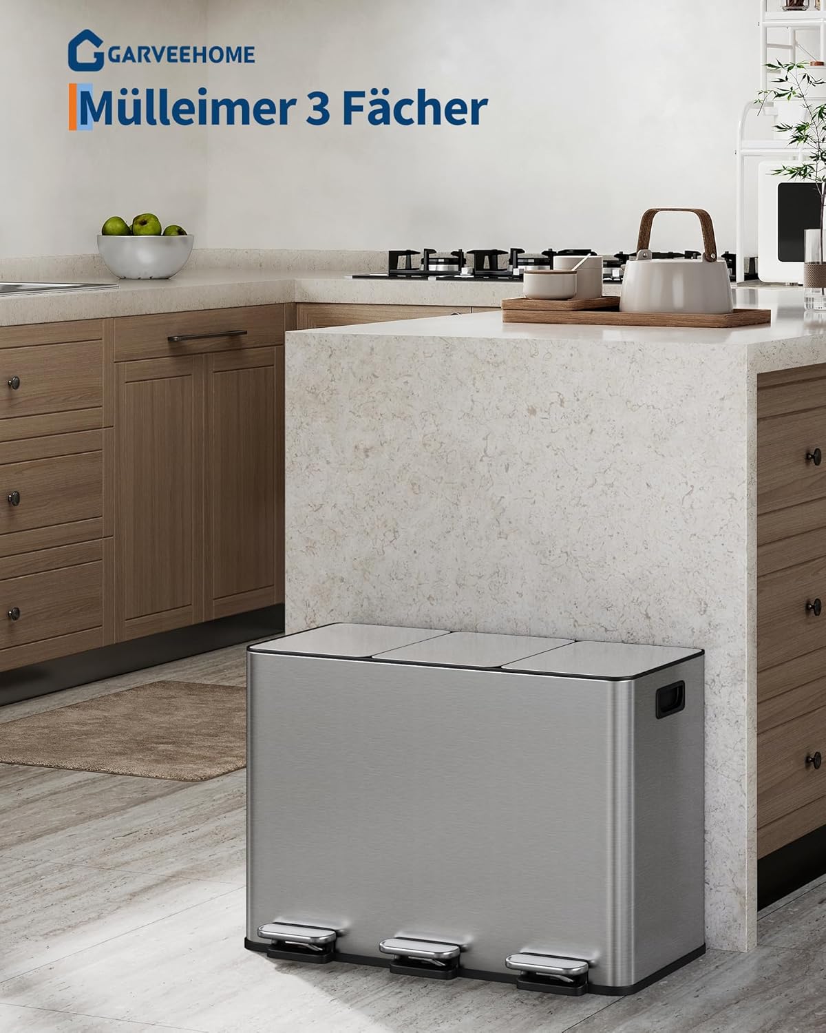 Mülltrennsystem mit 3 Fächern, Edelstahlfarben