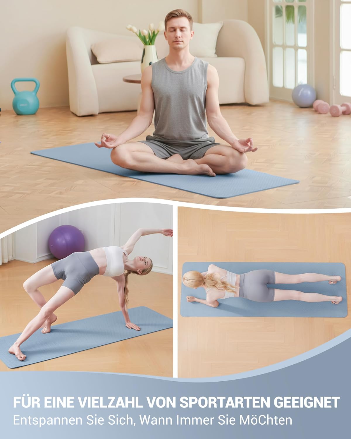 Rutschfeste Yogamatte, Blau 6 mm