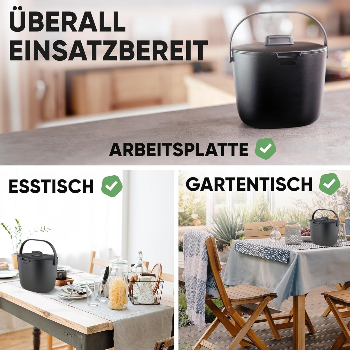 Biomülleimer mit Deckel und Sieb, Schwarz