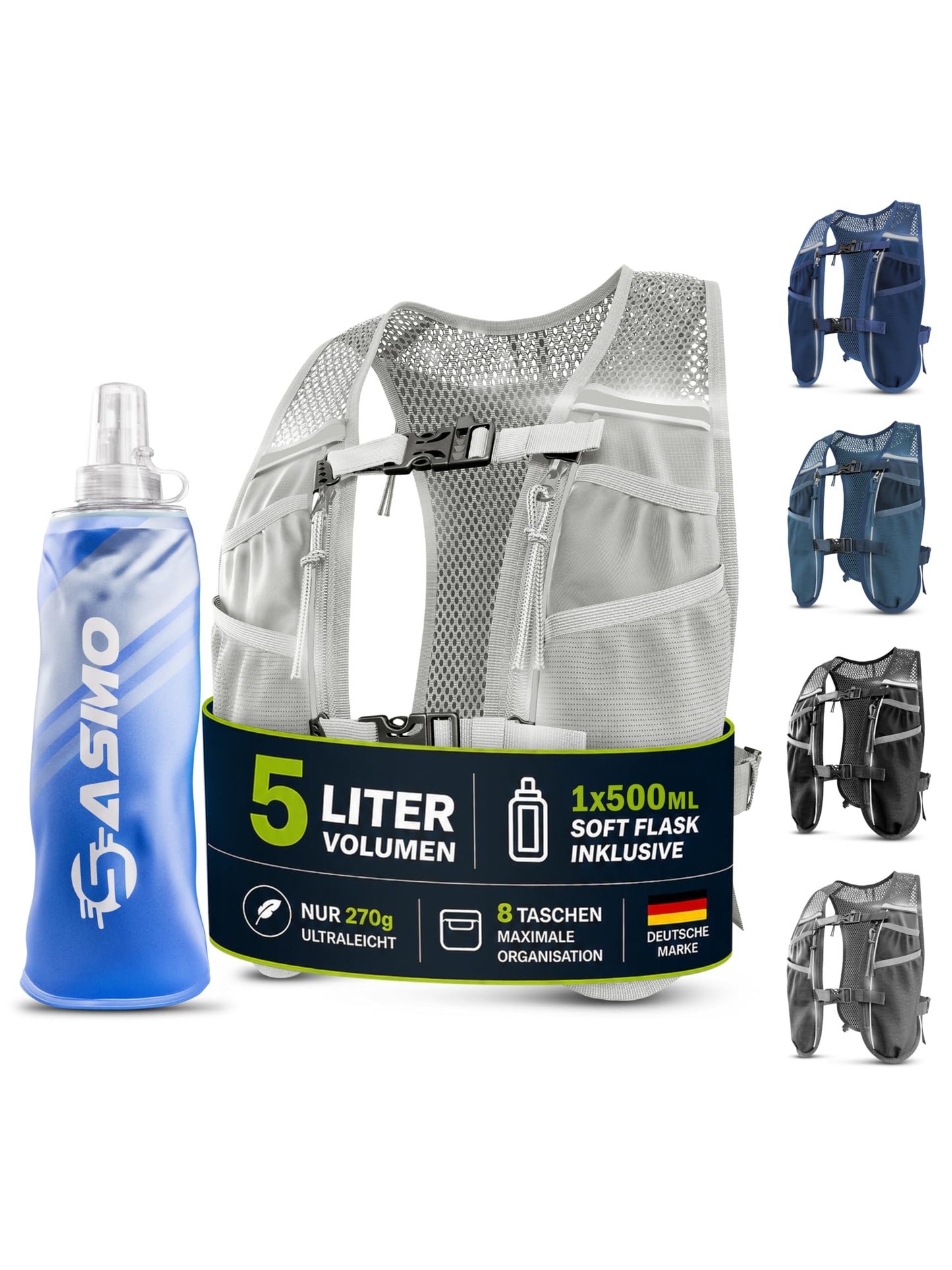 Laufweste mit Trinksystem, 5L - weissgrau - mit 1x500ml 5L