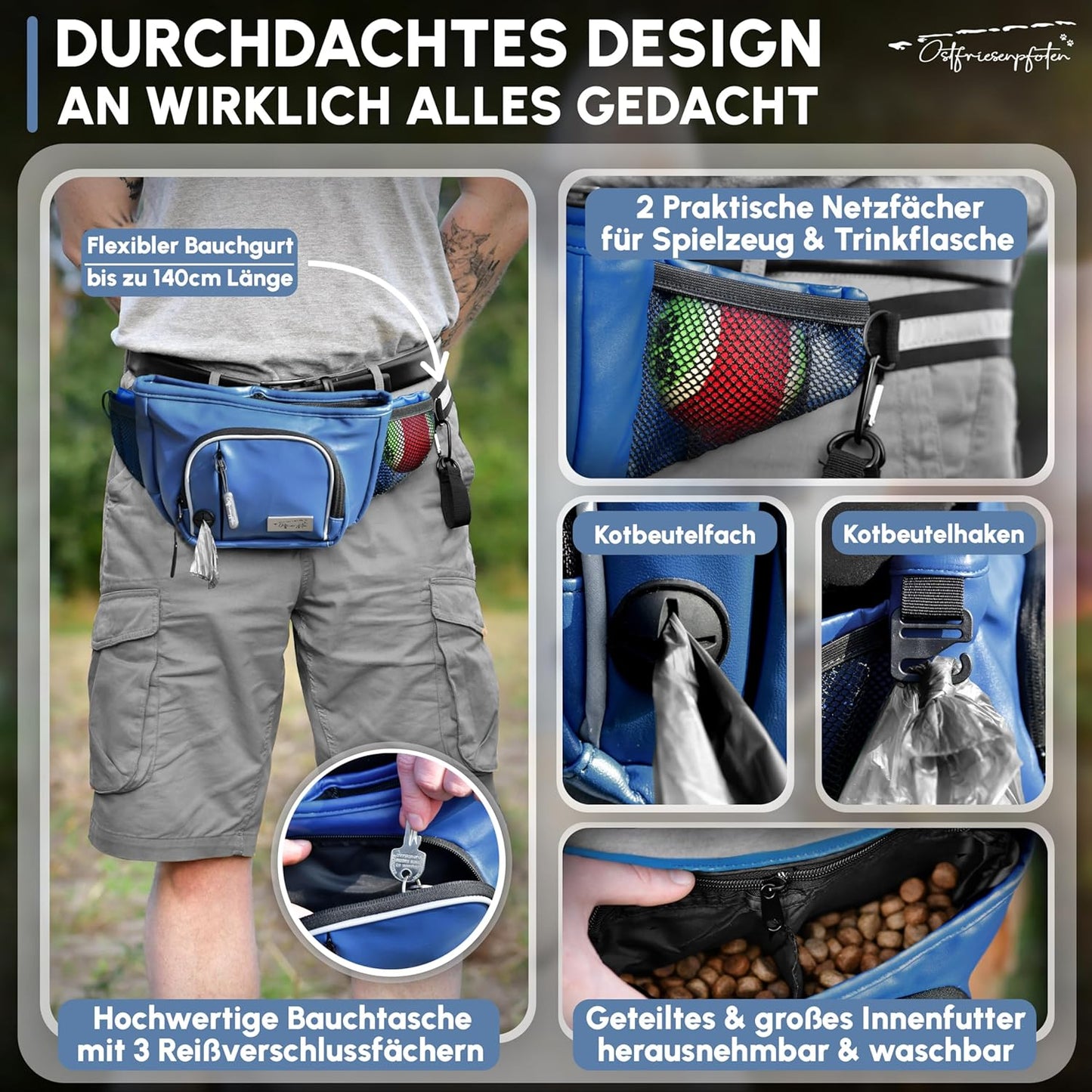 Leckerli-Bauchtasche Talea mit Magnetverschluss und wechselbarem Innenfutter, M Dunkelblau