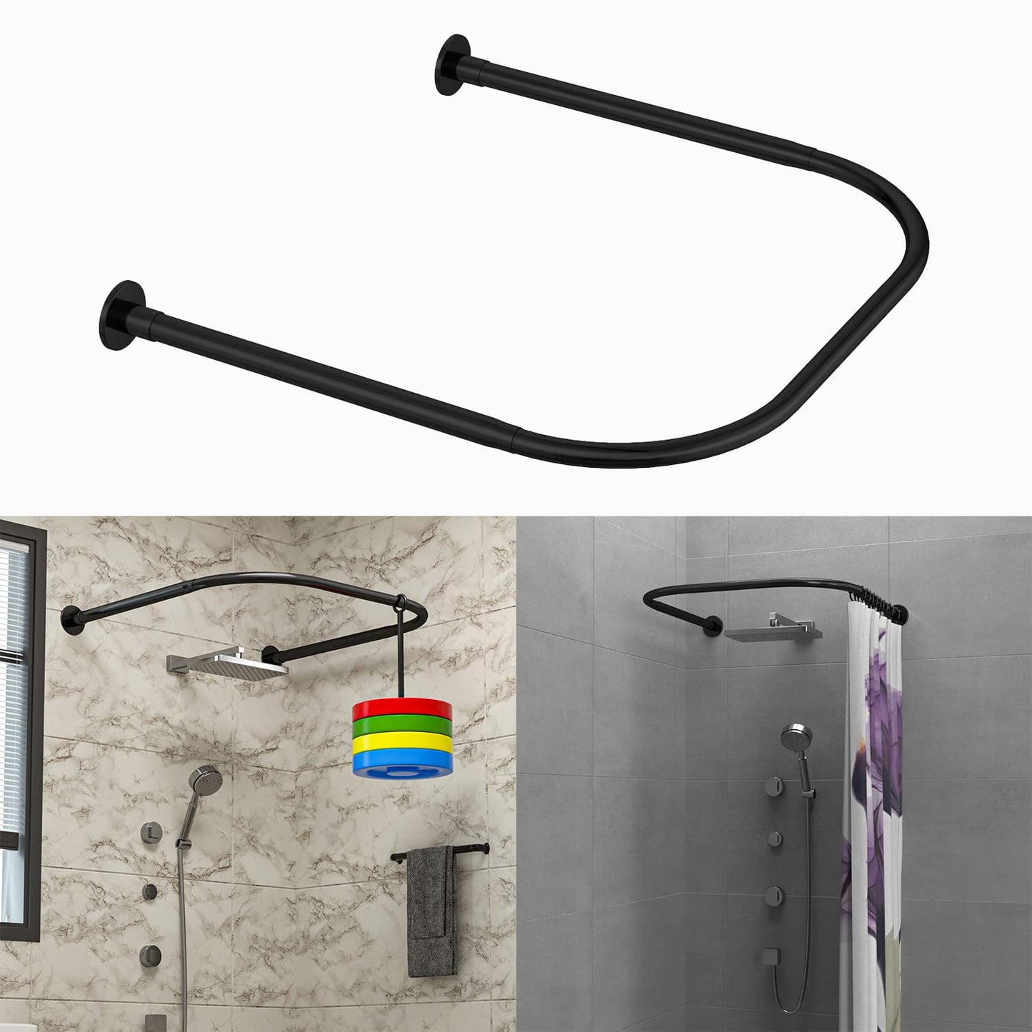 Eck-Duschvorhangstange, verstellbar, U-förmig, ohne Bohren, Schwarz U, Länge auf Beiden Seiten: 43–65 Cm, Mittlere Breite: 88–110 Cm