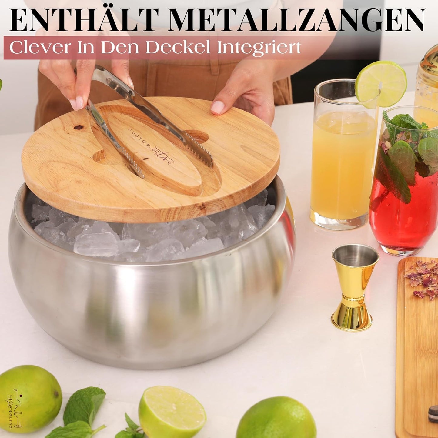 Eiswürfelbehälter mit Deckel und Zange, Silber 4.1 Liters