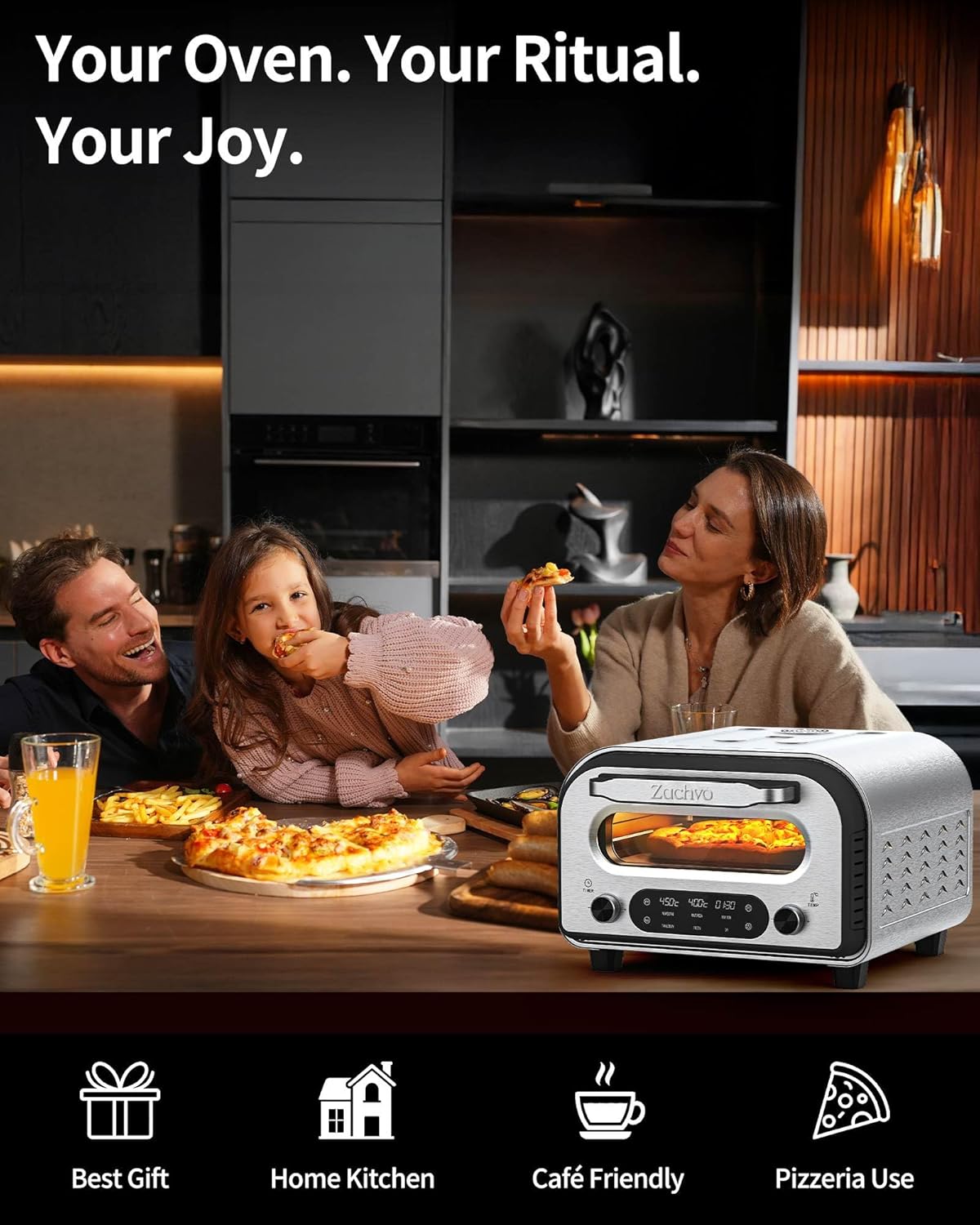 Elektrischer Pizzaofen mit Pizzastein & Rezeptbuch, mit Pizzaschieber&Pizzastein&Rezepten Schwarz
