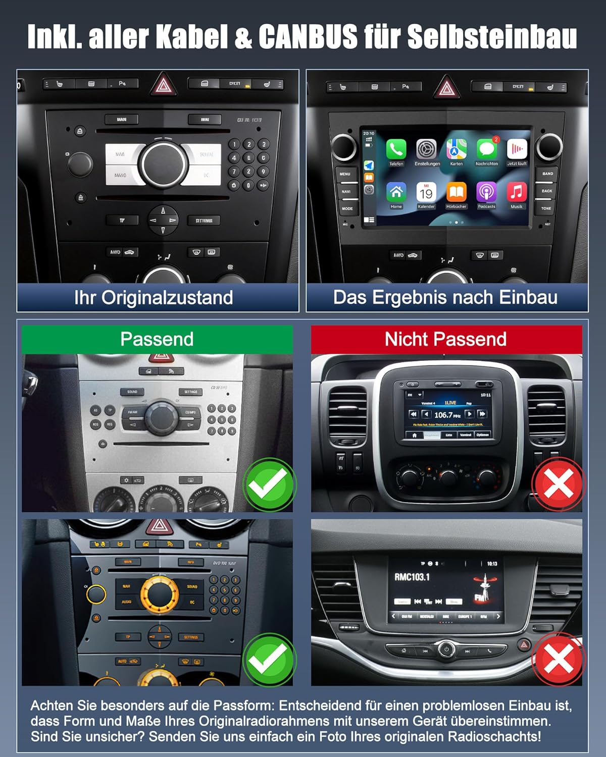 Bluetooth Autoradio mit Navi & Carplay, Opel kompatibel, Schwarz