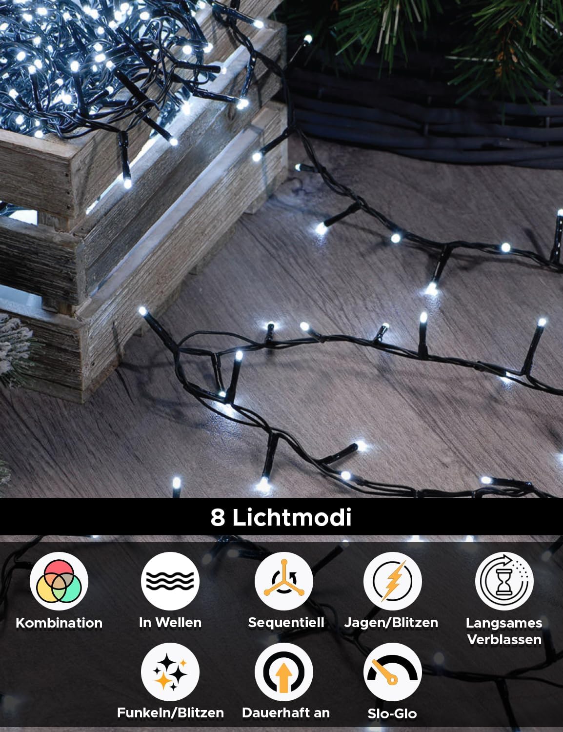Cluster-Lichterkette mit 1000 LEDs, Timer und Speicherfunktion, Kaltweiss 1000