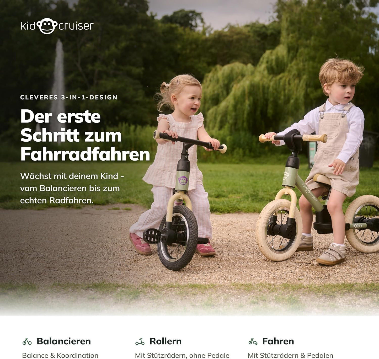 3in1 Laufrad mit LED-Stützrädern und Pedalen, Sanftes Grün