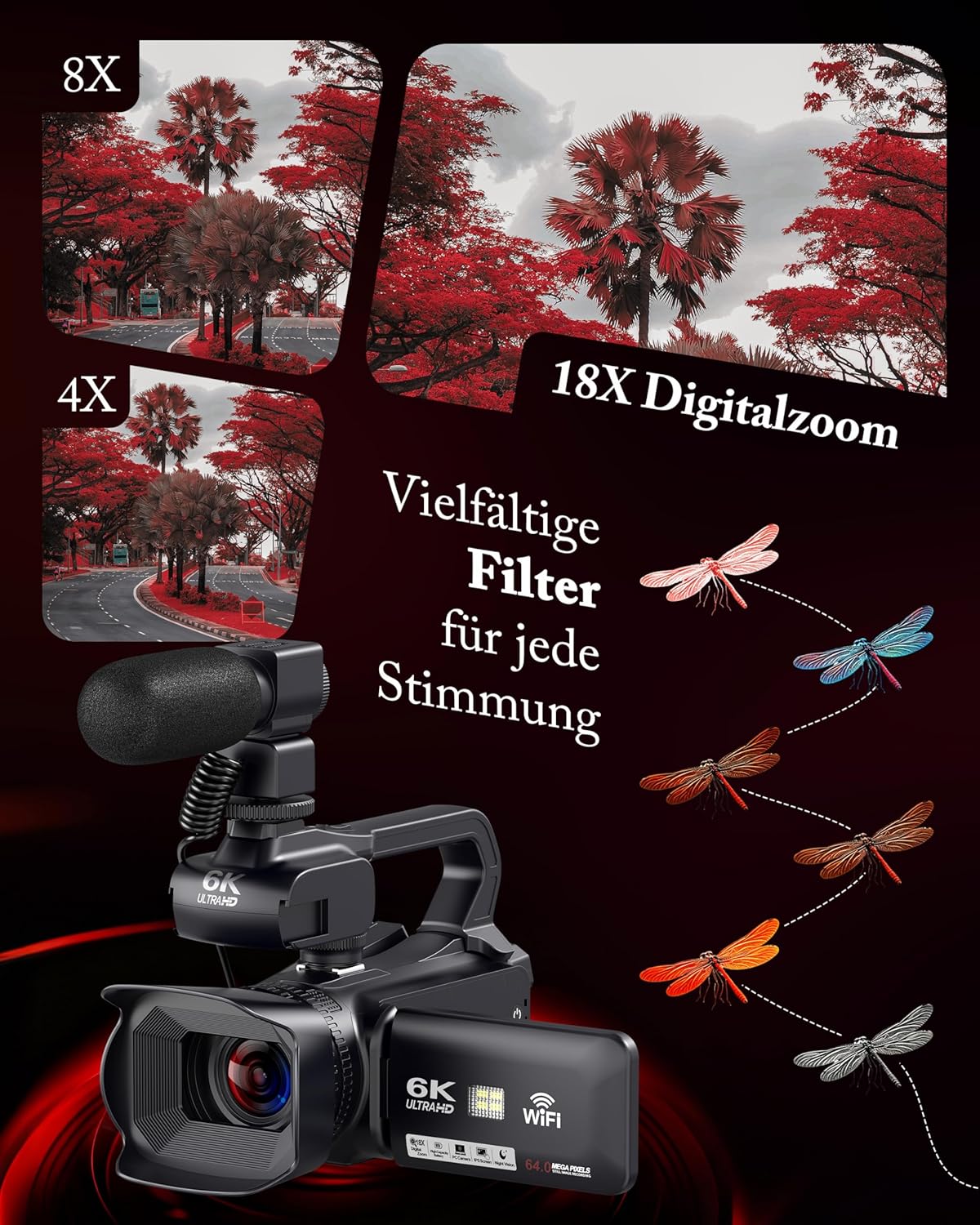 Videokamera mit Nachtsicht und Stabilisator, Schwarz