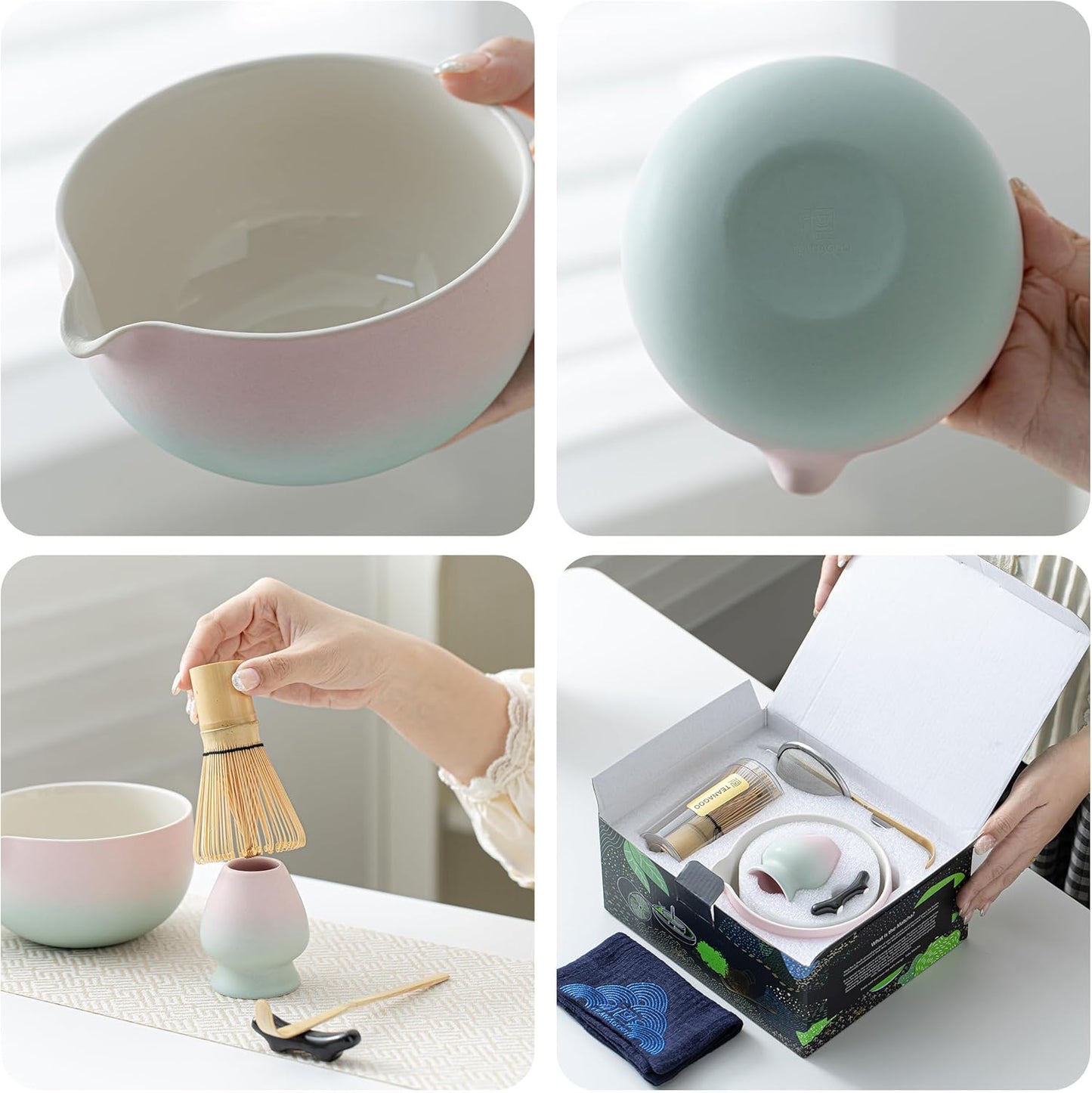 7-teiliges Matcha Tee-Zubehörset mit Schale und Besen, 7Stück/Set, Schüssel mit Ausgießer Grün Grident Rosa