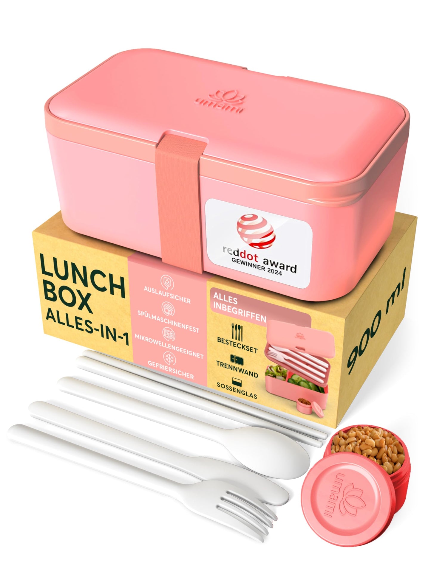 Auslaufsichere Bento Lunchbox mit Besteck & Fächern, Korallenrosa S - 900 ml