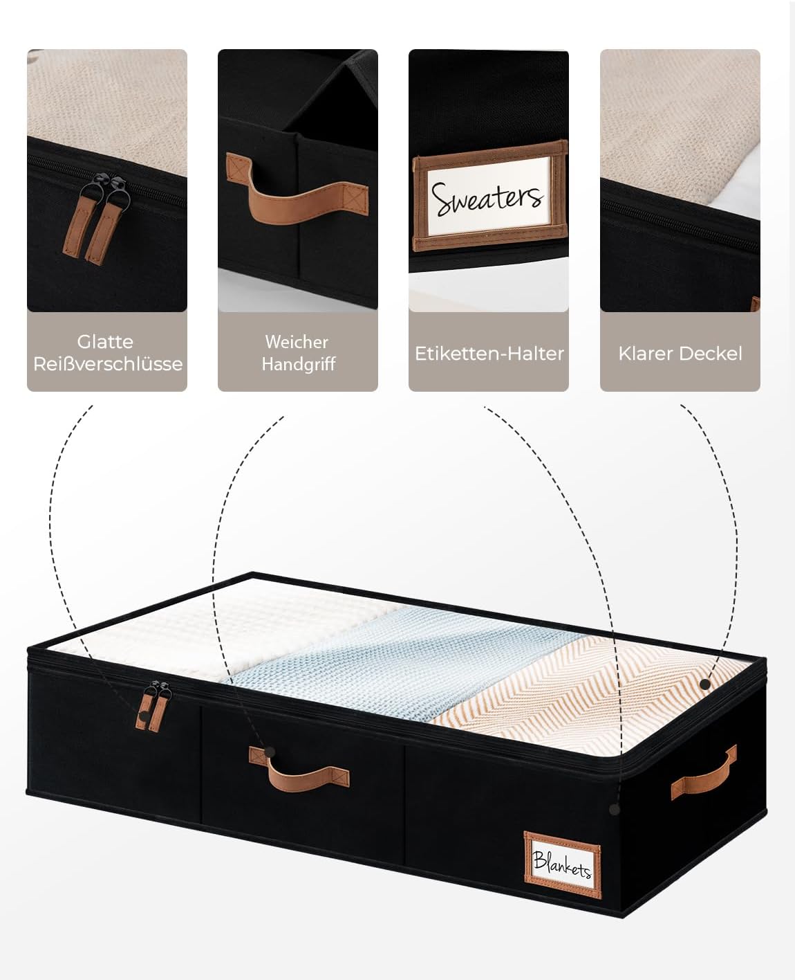 Unterbett Aufbewahrungsboxen-Set 84x43x15 cm, 84cm × 43cm × 15cm Schwarz
