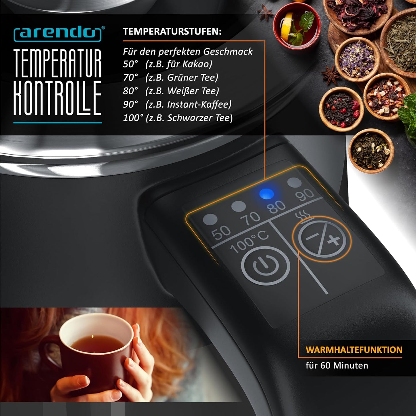 Wasserkocher mit Temperatureinstellung & Warmhaltefunktion, B Schwarz