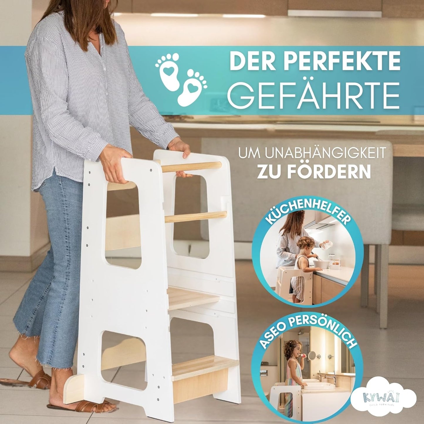 Höhenverstellbarer Lernturm mit Sicherheitsbarriere und Antirutschstreifen, Weiss