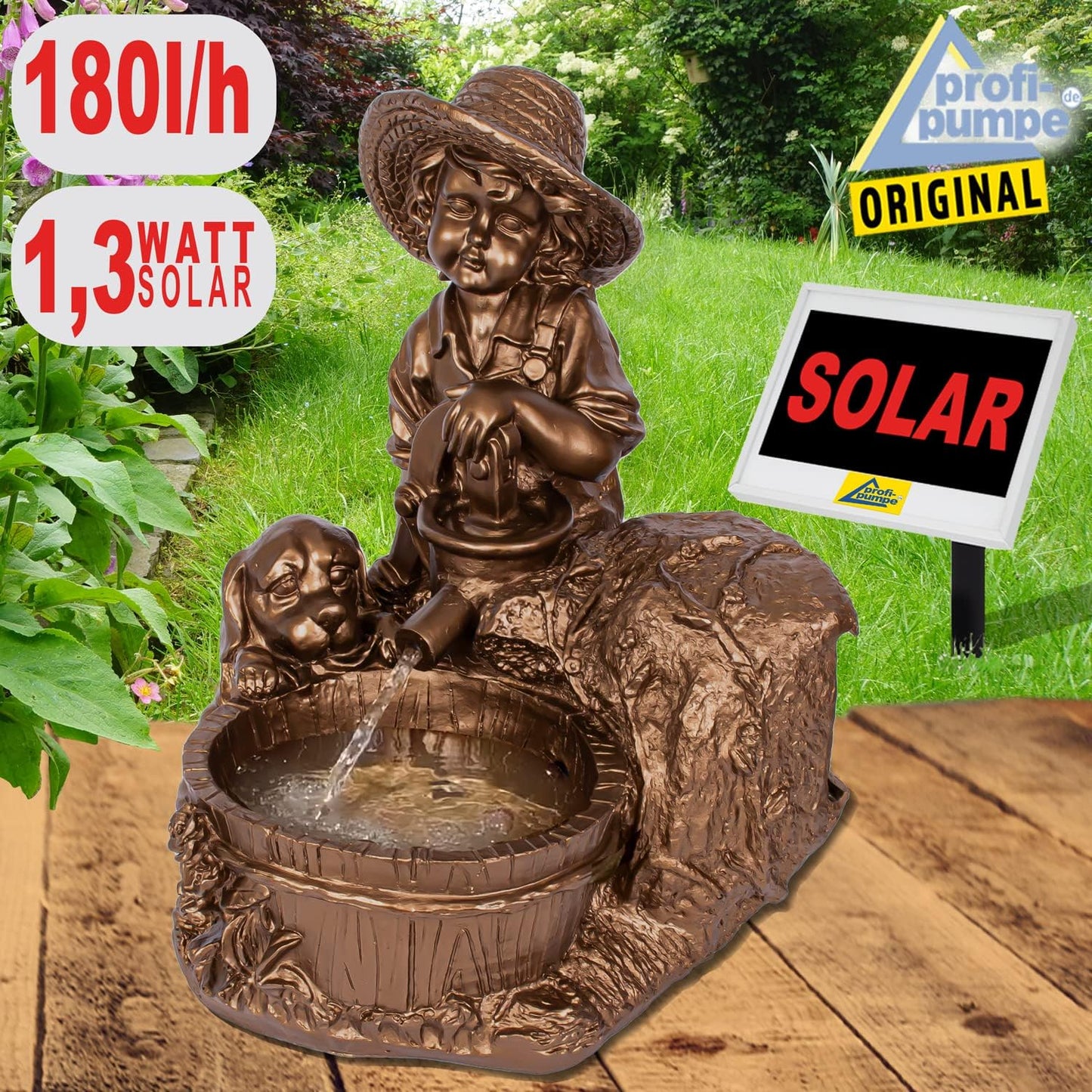 Solar Gartenbrunnen-Set "Knabe mit Hund", Solar Set - Knabe mit Hund