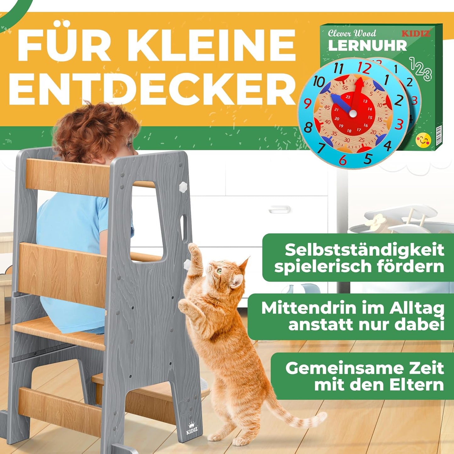 Lernturm für Kinder ab 1 Jahr, höhenverstellbar, Grau & Kiefer