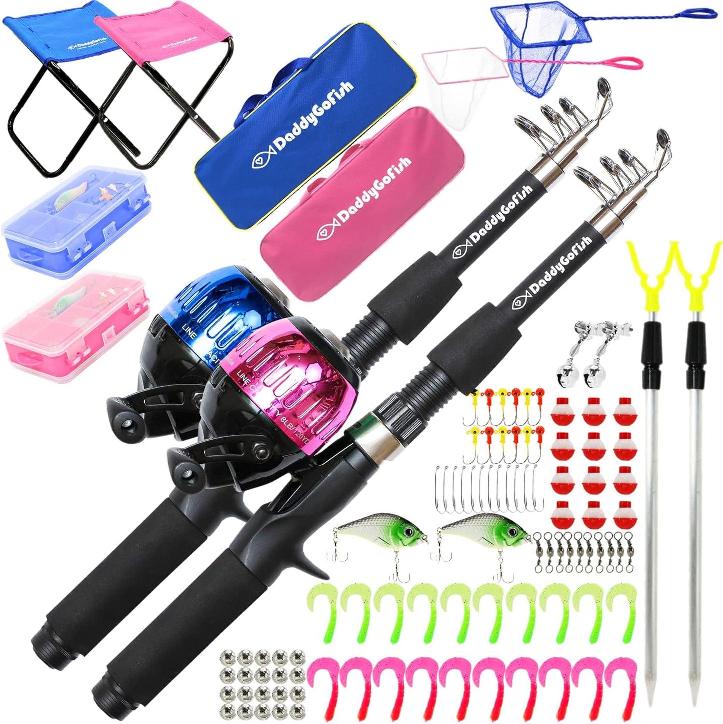 Kinder-Angelset mit Teleskoprute und Zubehör, 2er-Pack - Blau + Pink 5ft
