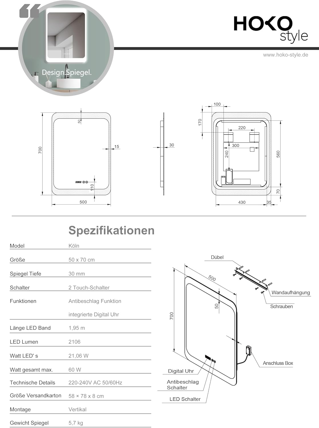LED Badspiegel mit Antibeschlag-Funktion und Digitaluhr, 50 x 70 cm|Rechteckig