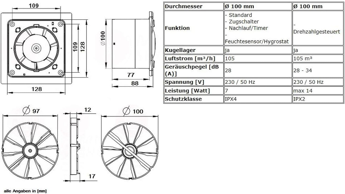 Badlüfter Ventilator mit Zugschalter, 100 mm, Zugschalter Gebogen