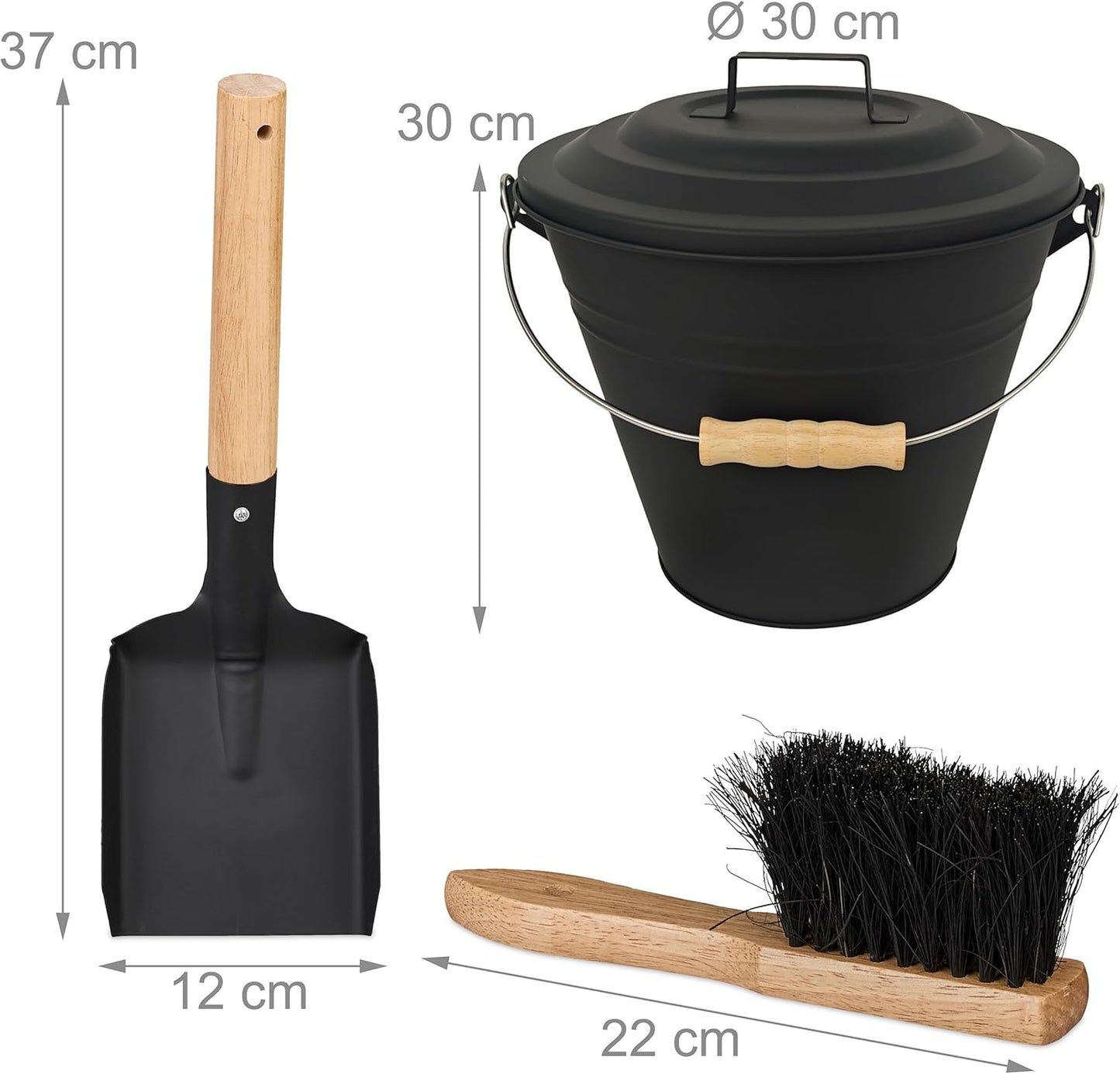 Ascheeimer-Set mit Besen und Schaufel, 15 Liter