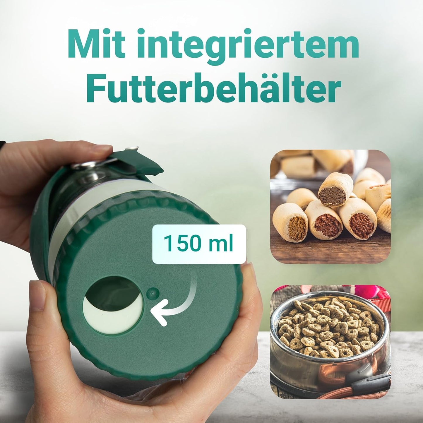 2-in-1 Hundetrinkflasche mit Futterbehälter für unterwegs, Grün 600 ml