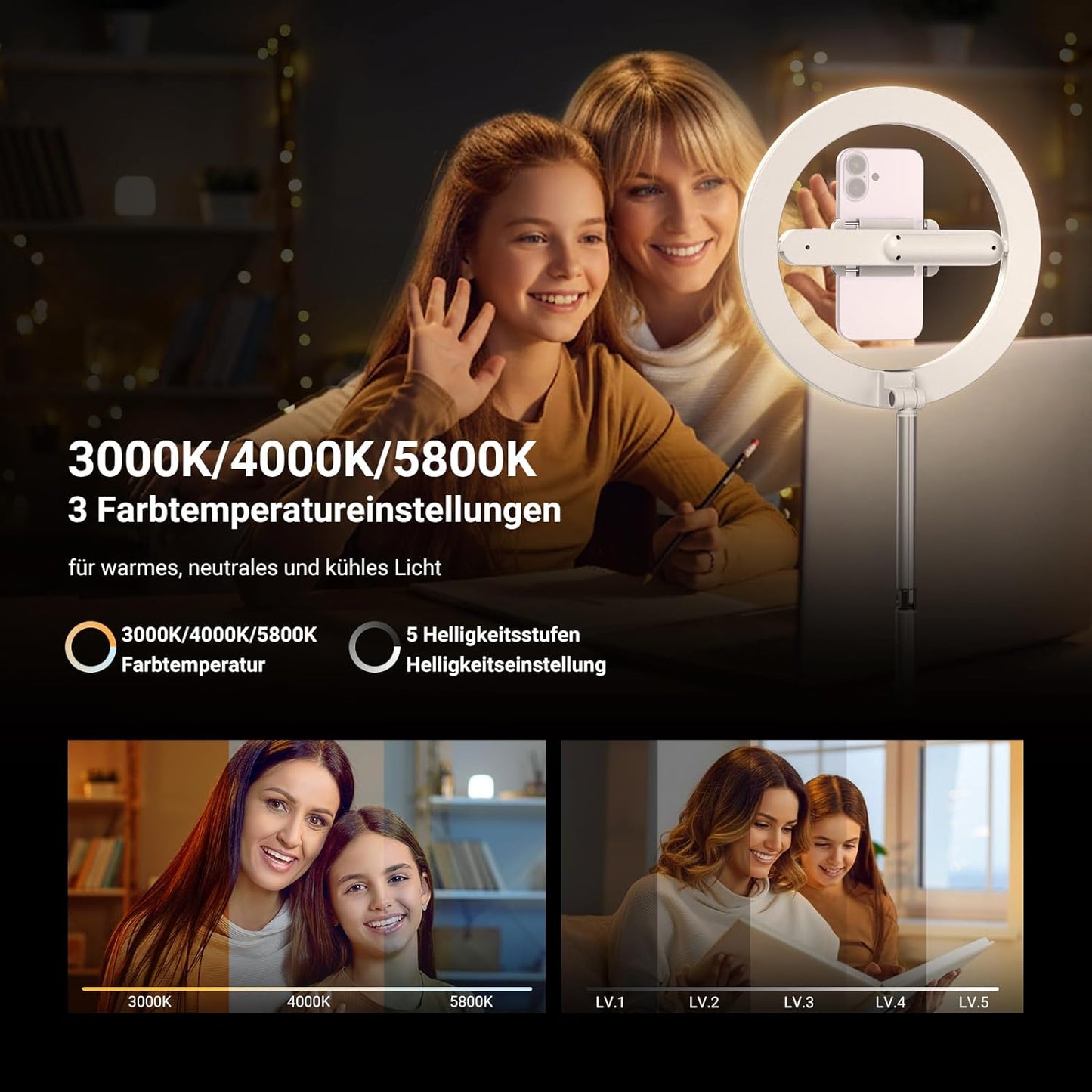 LED-Ringlicht mit Stativ & Handyhalter, Weiss 10" mit Bodenständer