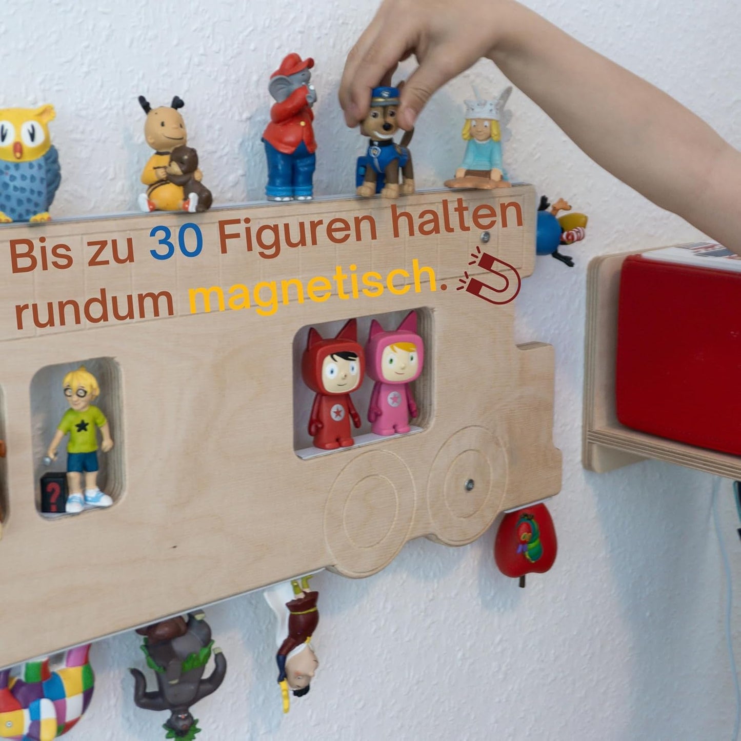 Feuerwehr-Wandregal für Toniebox und Figuren, Feuerwehr-Set mit Box-Halter, Holz