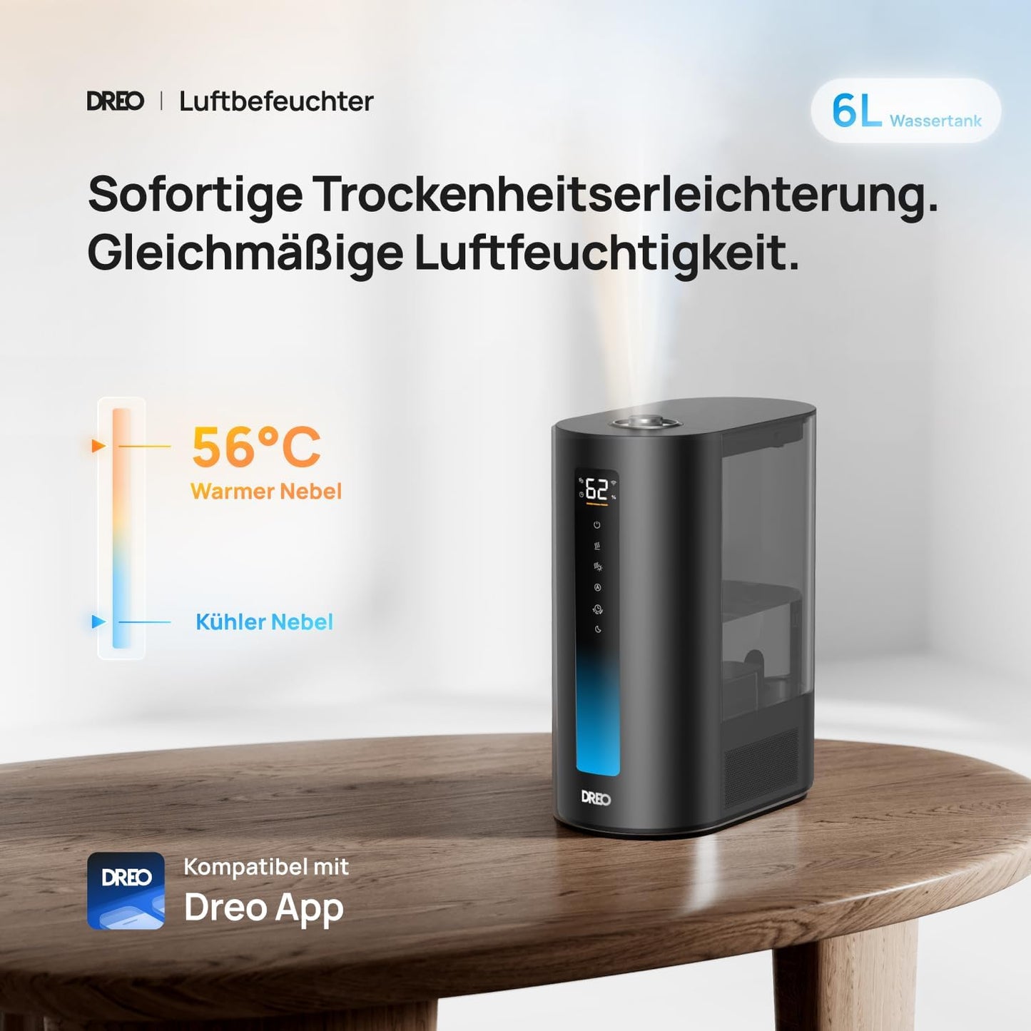 Smart Luftbefeuchter mit Warm- und Kaltnebel, Schwarz