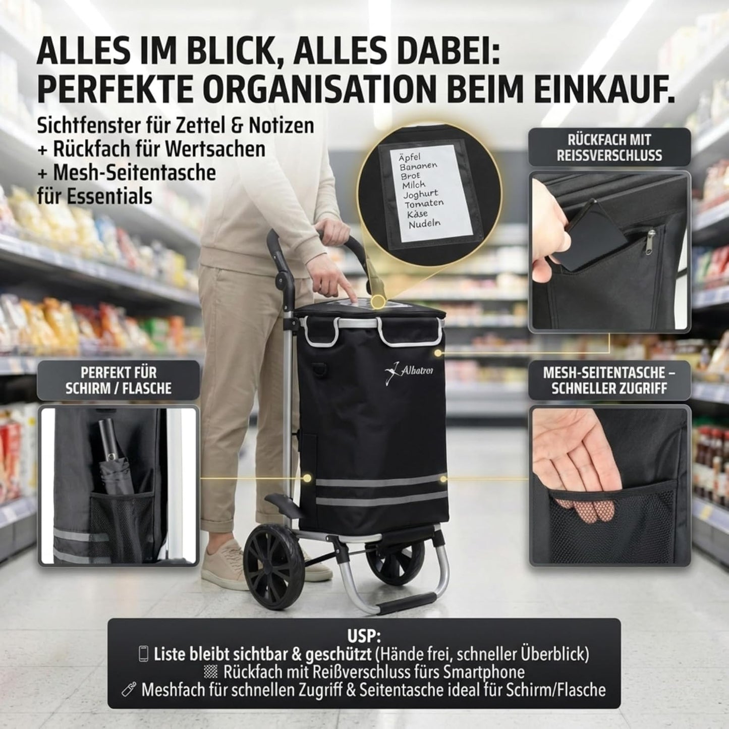 Einkaufstrolley mit Thermo-Innenbeutel, faltbar