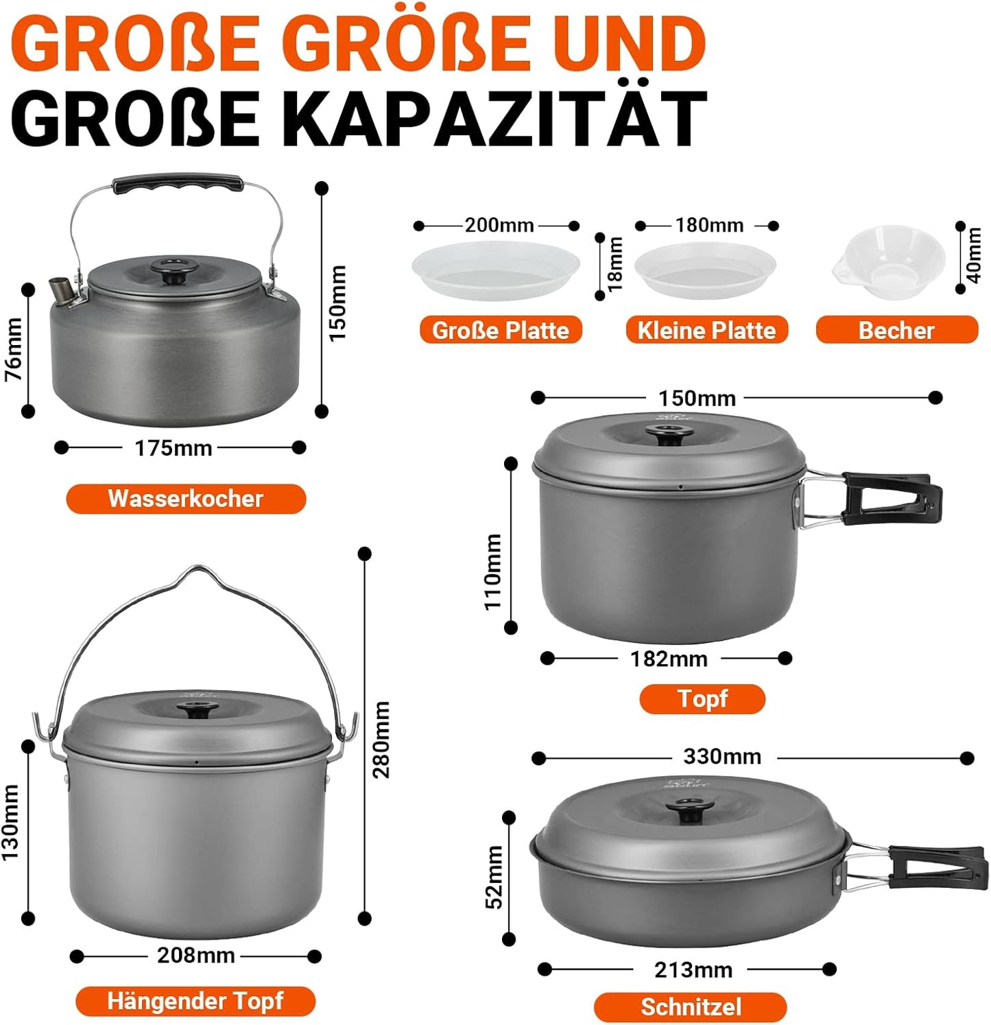 Camping Kochgeschirr-Set für 6 Personen, 6 Personen 10L Mit kessel