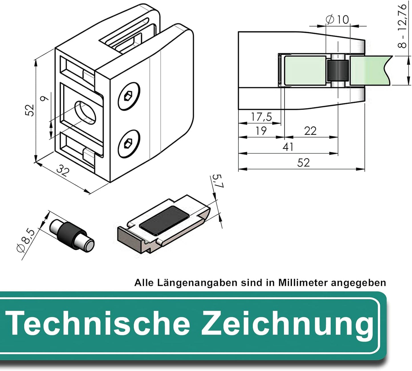 Glashalter-Set mit Sicherungsplatte, Anschluss: Flach | Glasdicke: 10 mm
