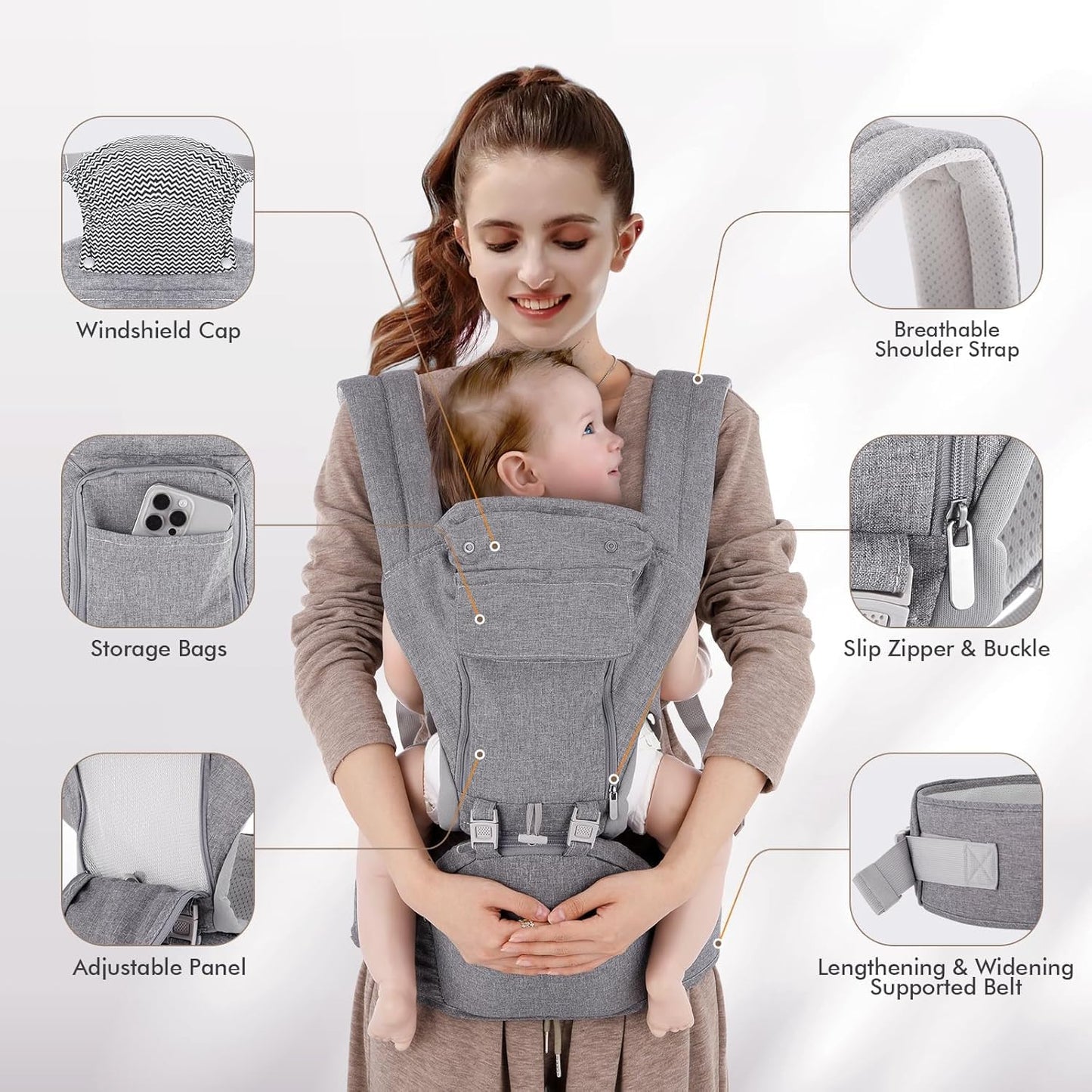 Ergonomische 9-in-1 Babytrage für Neugeborene, Grau