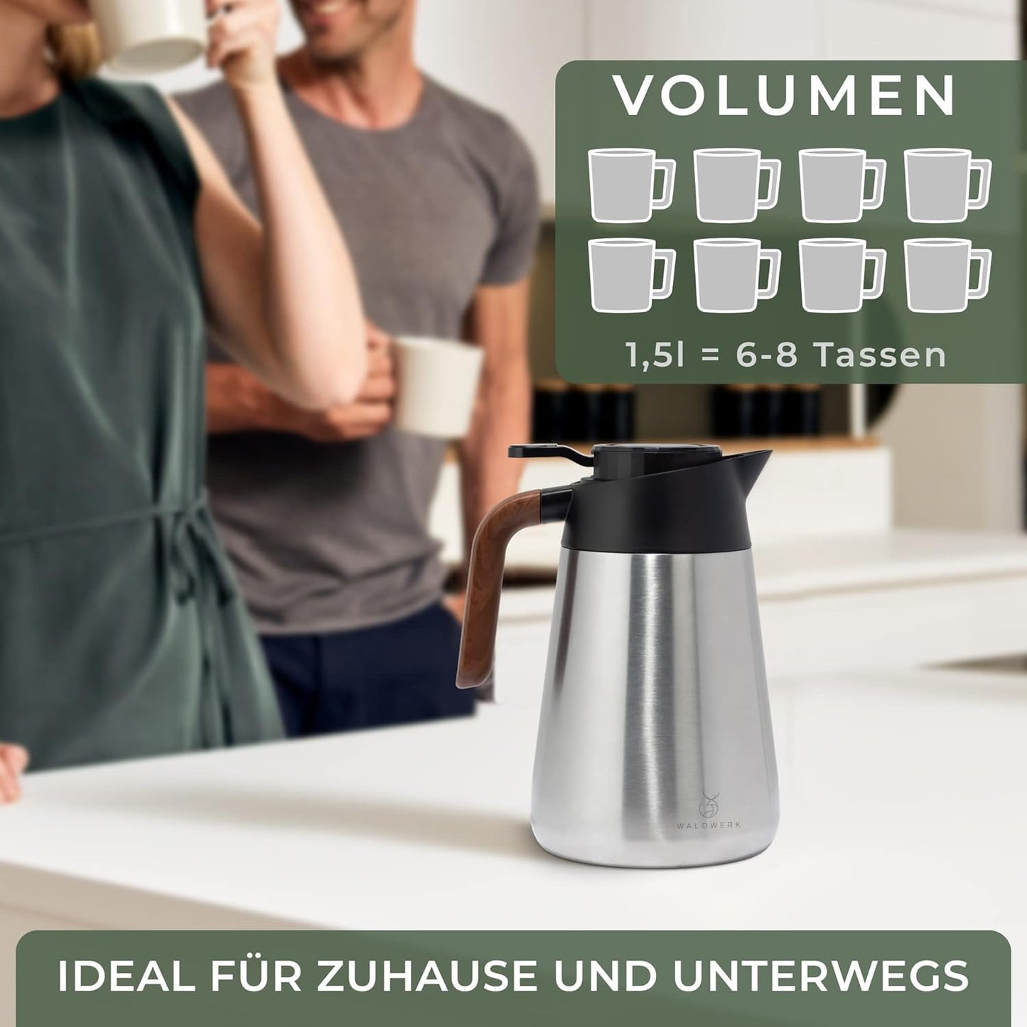 Thermoskanne mit tropffreiem Ausguss, 1.5 Liter, Edelstahl