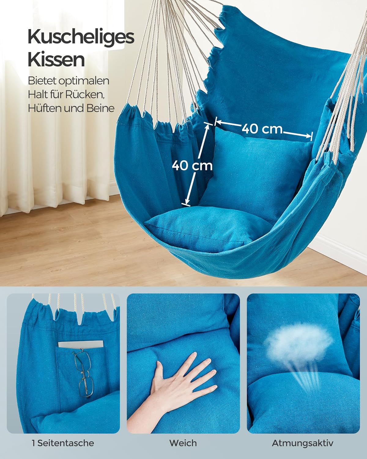 Hängesessel mit Kissen, Meerblau Holzstange