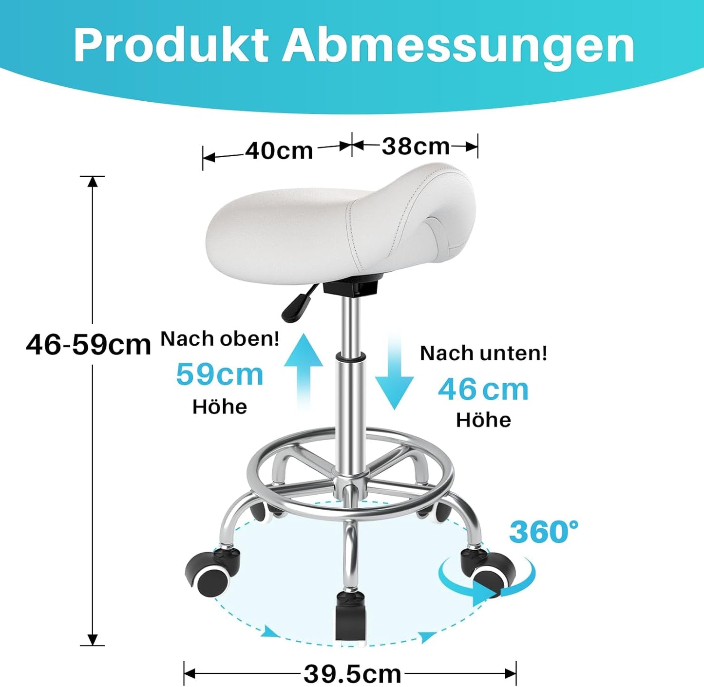Ergonomischer Sattelhocker mit Rollen und Ringpedal, Weiss