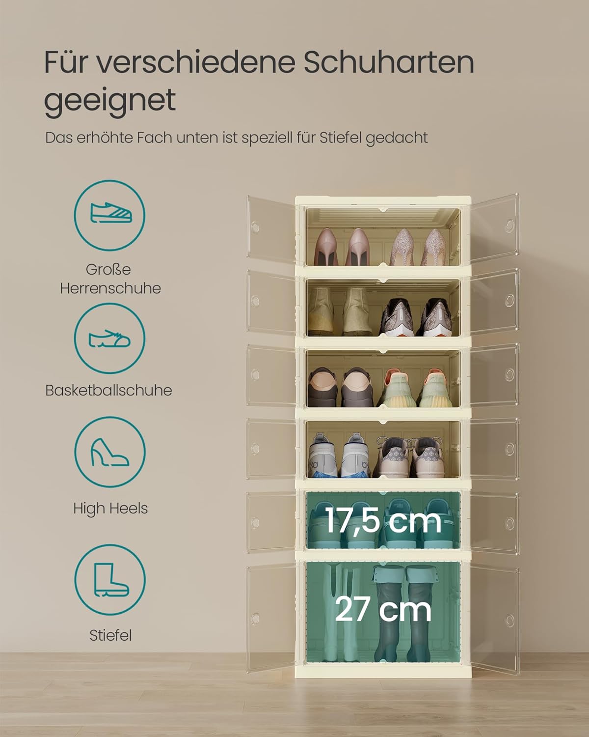 Schuhregal Organizer mit 6 Ebenen (für 12 Paar), Cremeweiss 12 Paare
