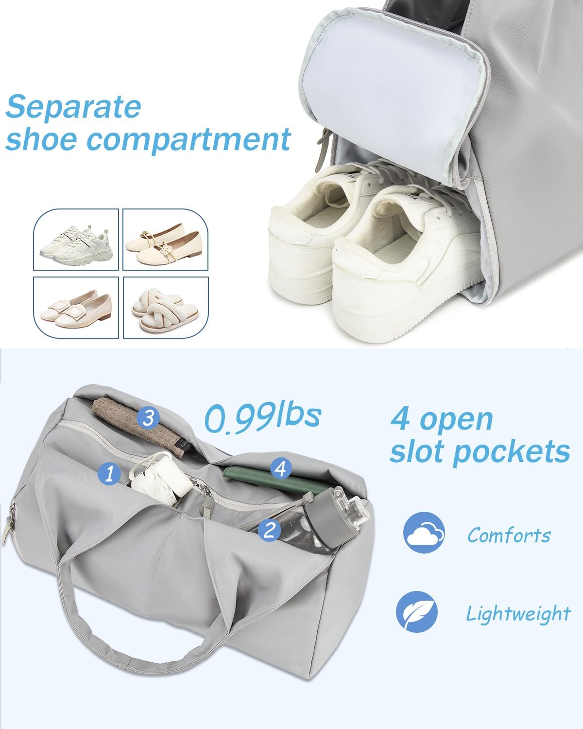 Sport- und Reisetasche mit Schuh- & Nassfach, Grau
