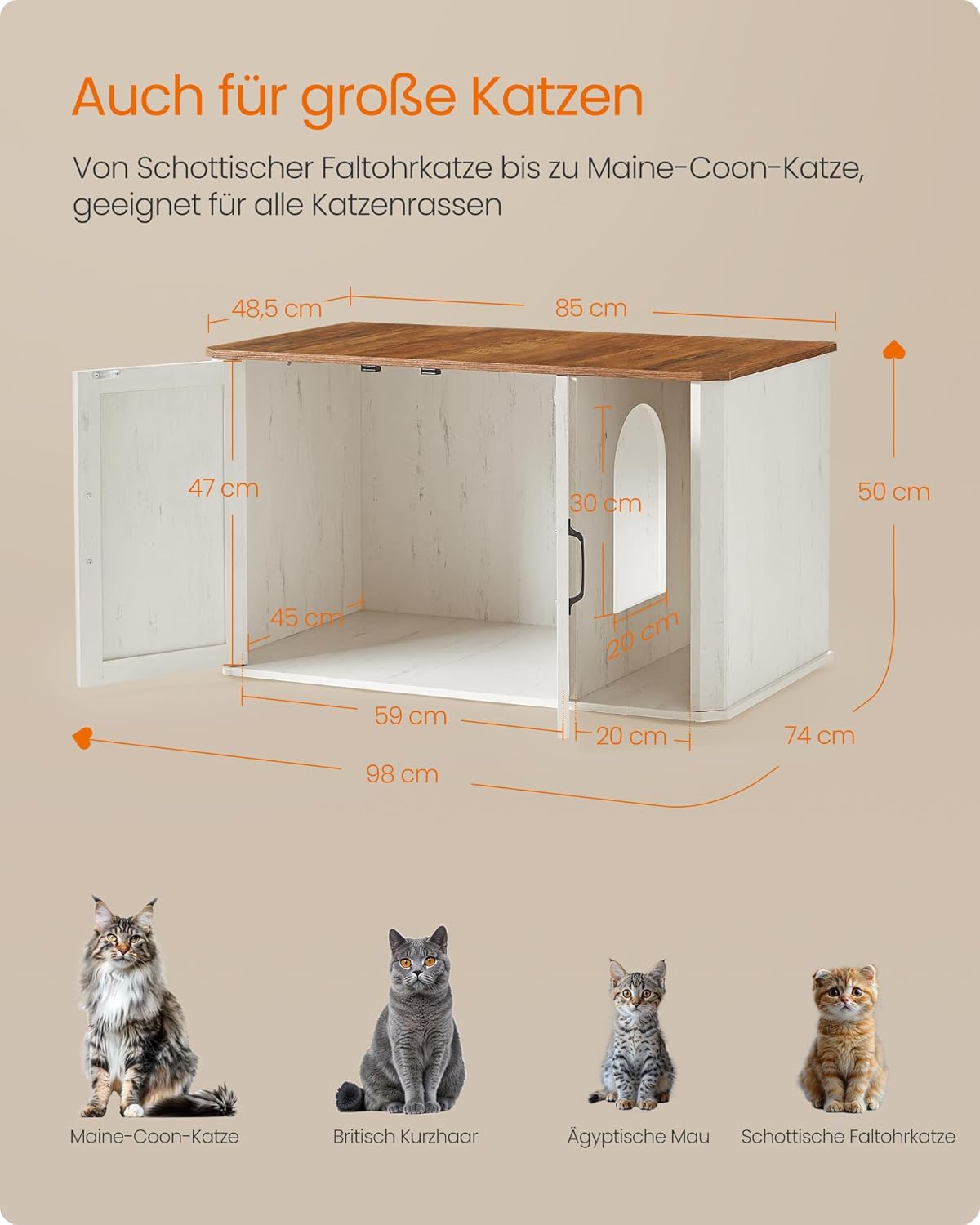 Katzenhaus mit integriertem Katzenklo-Schrank, Honigbraun + Vintageweiss