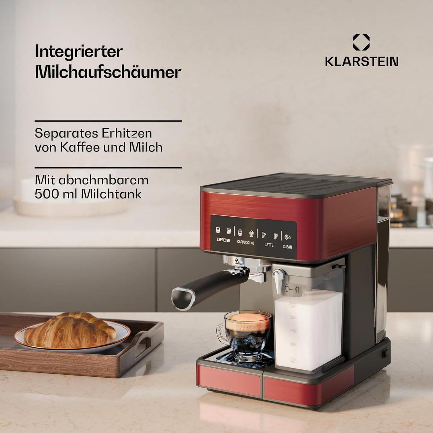 Arabica Comfort Siebträgermaschine mit Milchaufschäumer, 1.8L Rot
