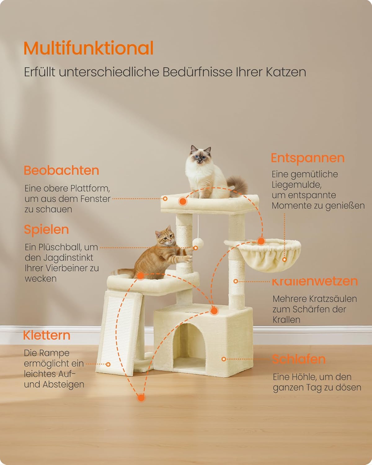 Kratzbaum mit Plattformen und Höhle, PCT013LF01, sandbeige M (92,5 x 58,9 x 85,8 cm)