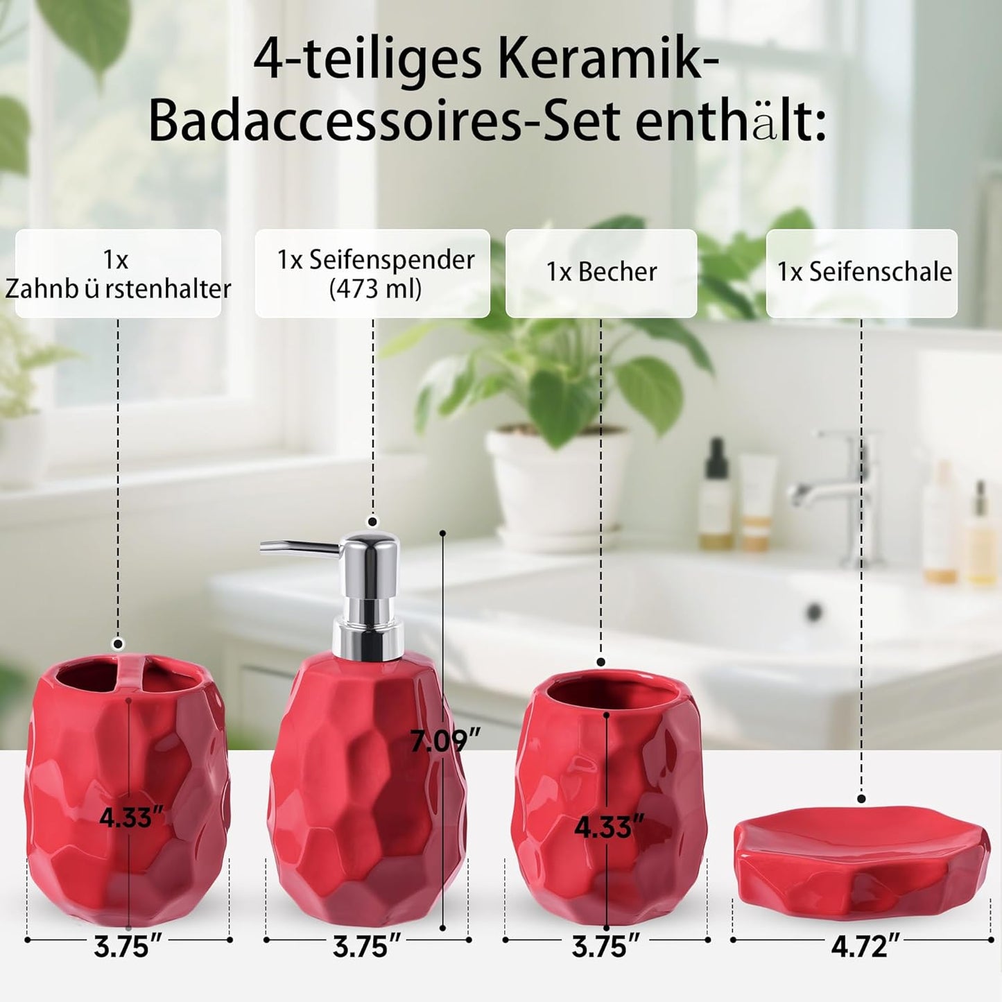 4-teiliges Badezimmer-Zubehör-Set, Rot