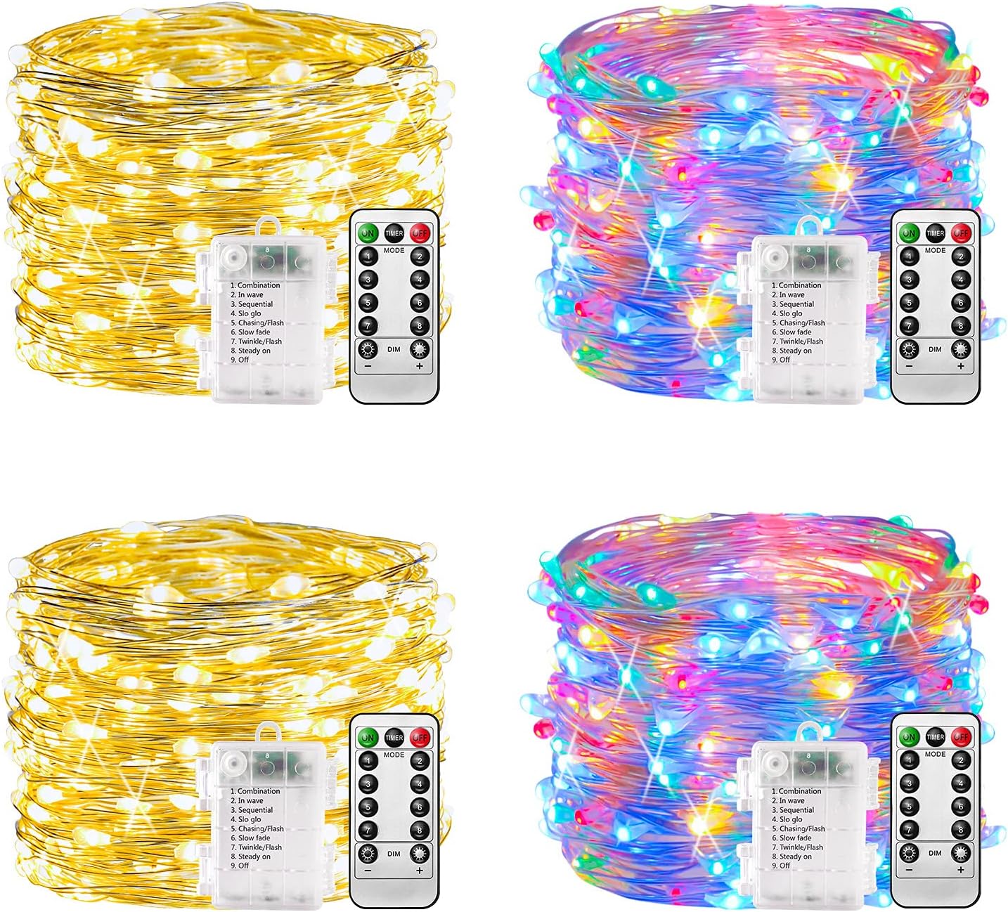 4-teiliges LED Lichterketten-Set mit Fernbedienung, 100 LEDs, dimmbar, 8 Modi, Timer, 2 Warmweiss & 2 Bunt