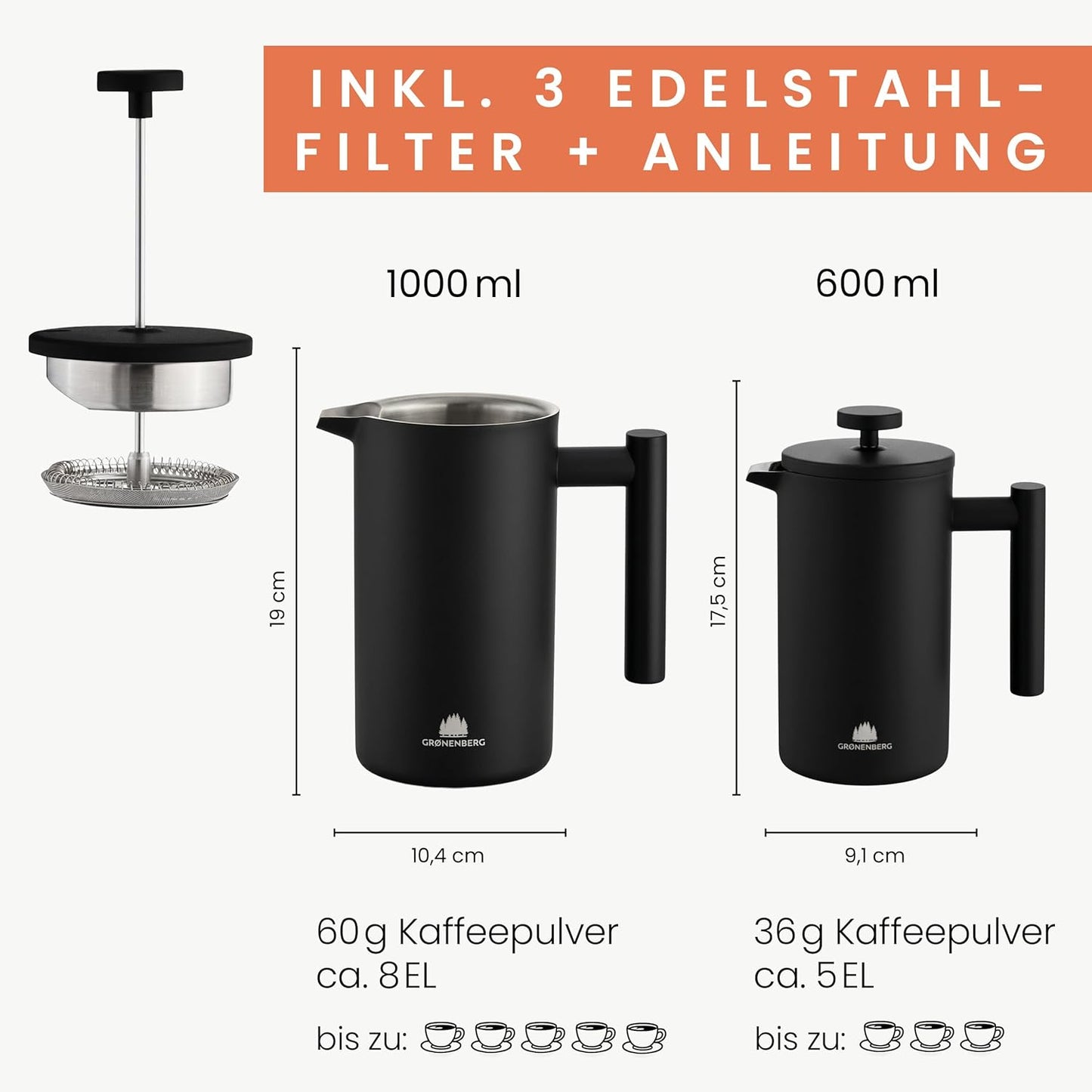 French Press Kaffeebereiter, Black 1000 ml