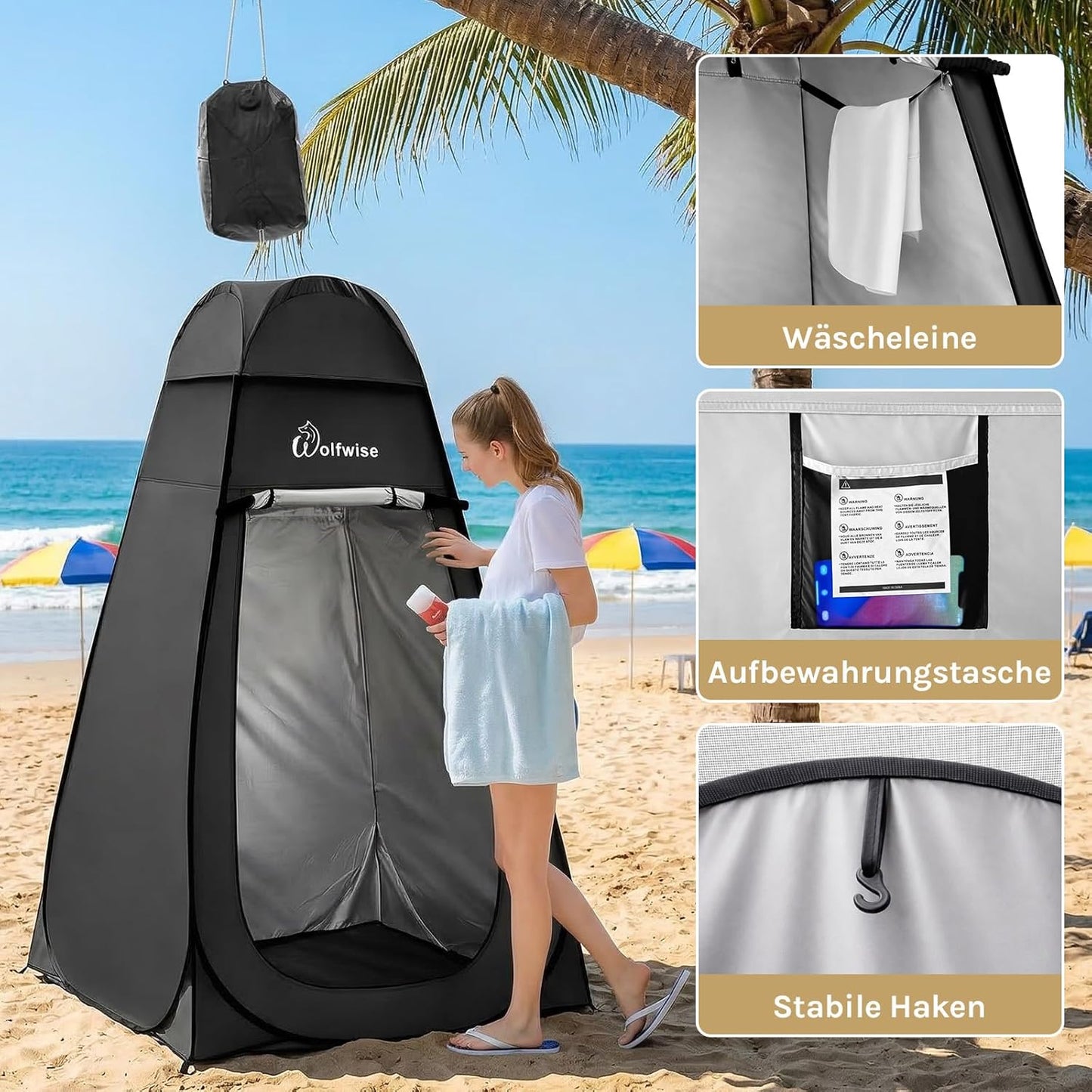 Pop-up-Dusch- und Umkleidezelt mit UV-Schutz, Schwarz Hoch: H 200cm, W 120cm