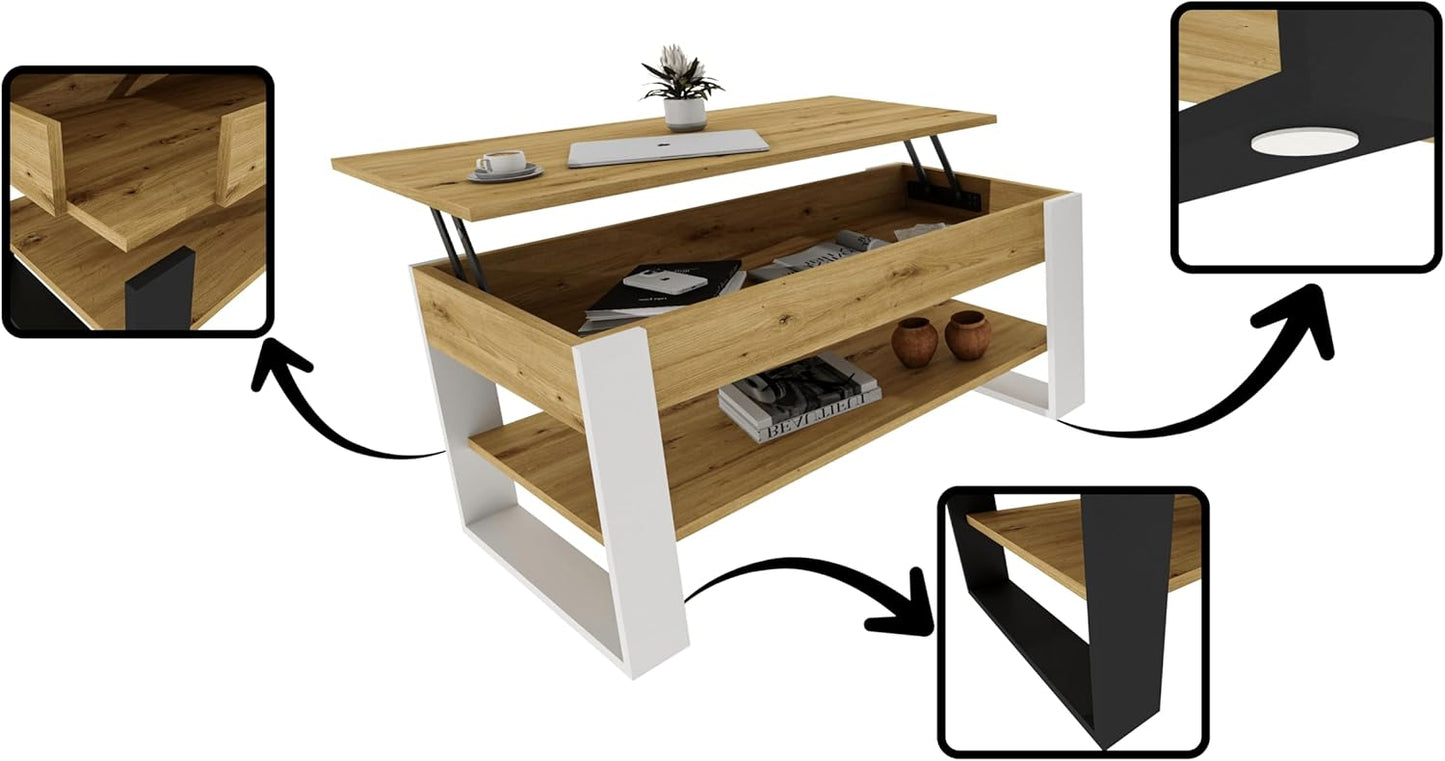 Höhenverstellbarer Couchtisch mit Stauraum, Eiche Artisan / Weiss