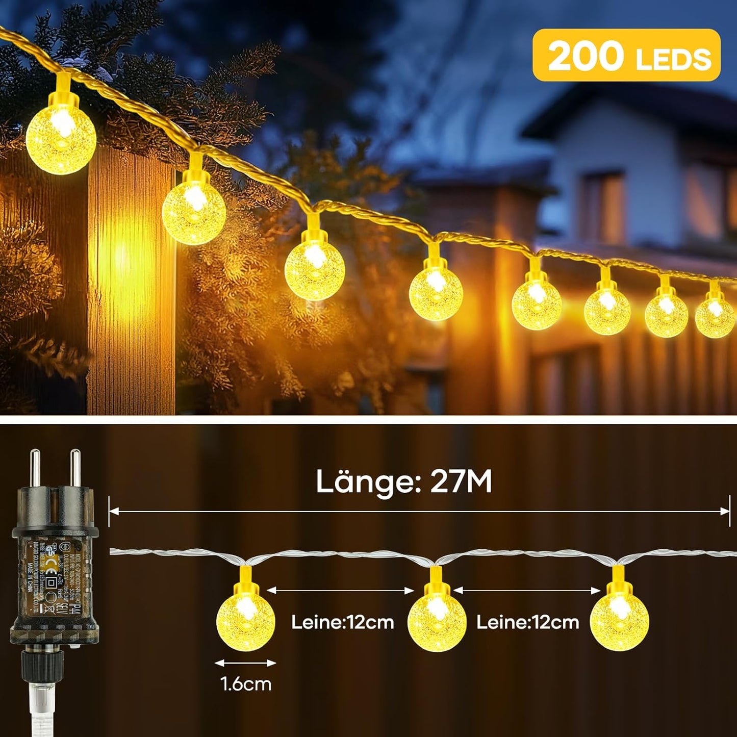 LED Lichterkette mit Fernbedienung, 200 LEDs, 8 Modi, dimmbar, Warmweiß-a 27M